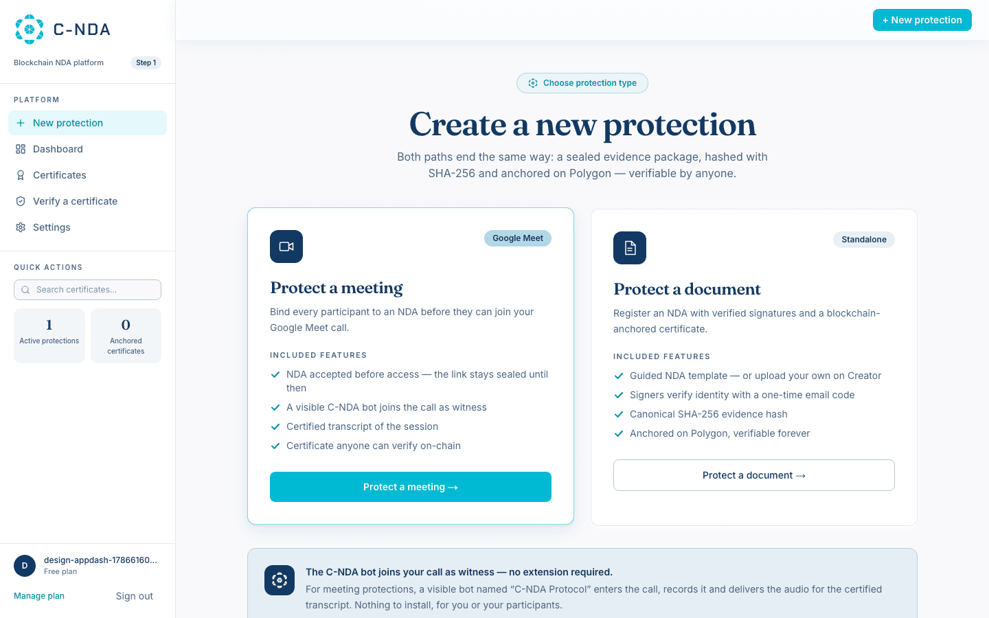 La scelta della protezione nell'app reale C-NDA: proteggi un meeting o un documento
